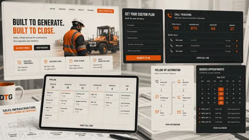 The DTG authority website — built to generate, built to close — shown across monitors
