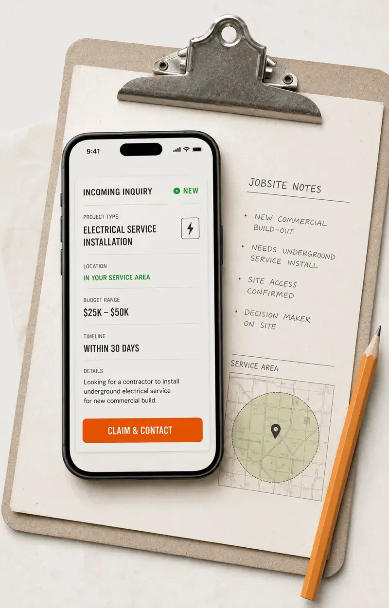 DTG lead capture in action — a kitchen remodeling job inquiry logged from phone to clipboard intake
