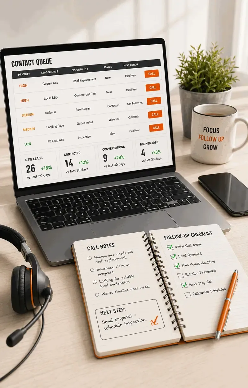 DTG contact and follow-up on a laptop — new kitchen remodeling leads flowing into the CRM pipeline