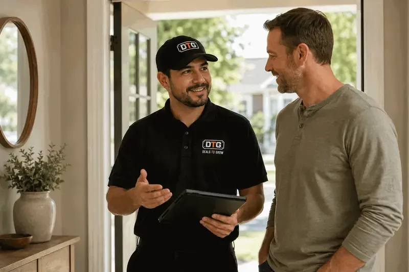 Contractor walking a homeowner through a quote on a tablet