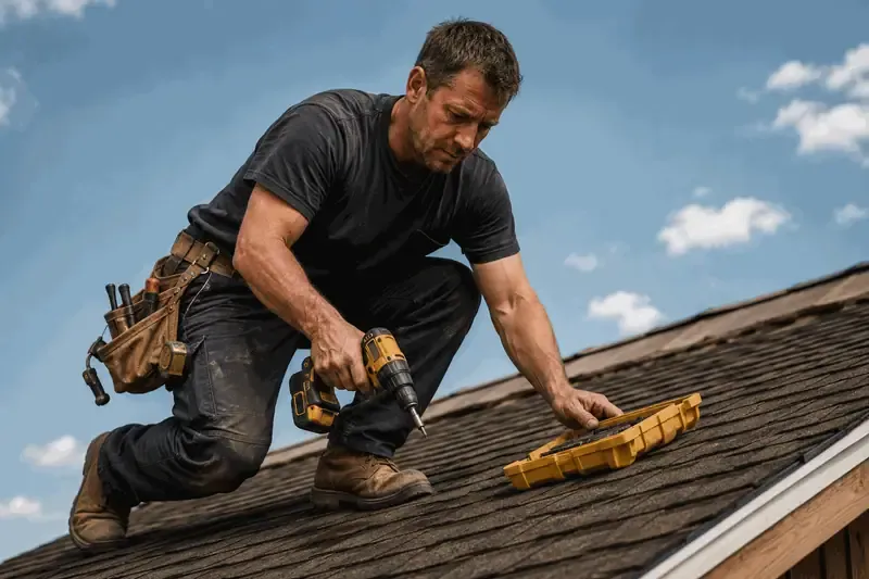 Roofer fastening shingles on a job site