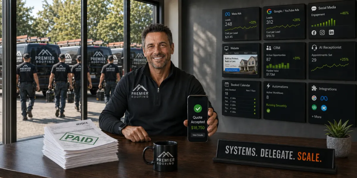 A roofing contractor running his DTG sales system — booked jobs, paid invoices, and live dashboards for Meta and Google ads, CRM, AI receptionist, and automations