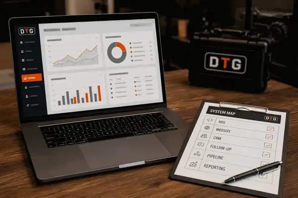 KaChing CRM dashboard on a laptop beside a DTG system-map clipboard