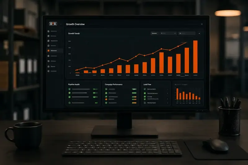 Growth dashboard with rising bar chart on a desk monitor