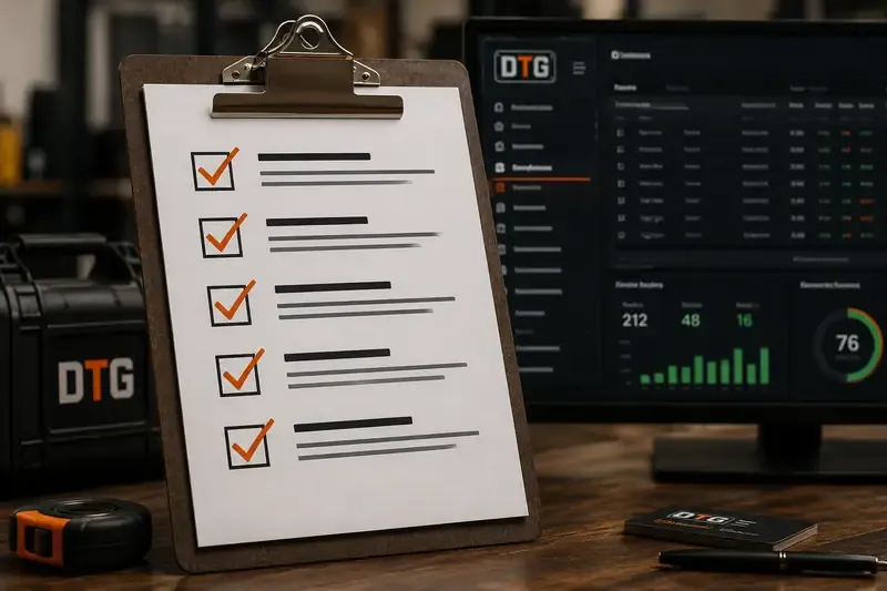 Build checklist on a DTG clipboard beside a CRM dashboard