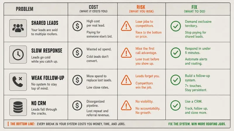 roofing company marketing: the problem, cost, risk, and fix for each gap