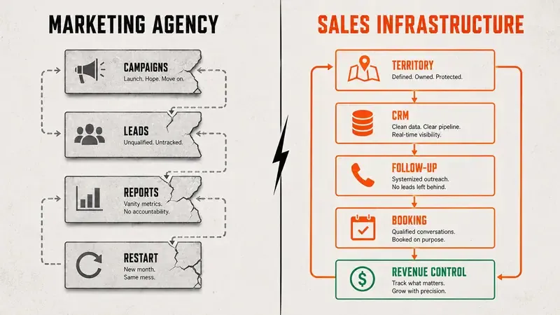 sales infrastructure vs marketing agency: the problem, cost, risk, and fix for each gap