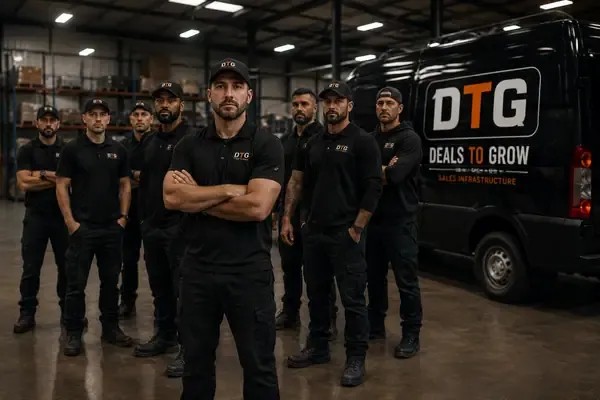 Established crew on site with branded trucks