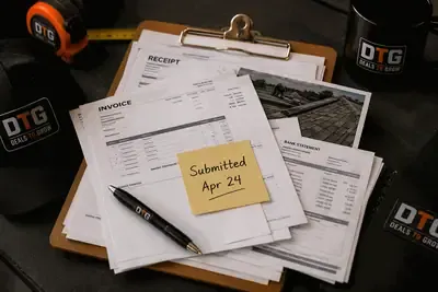 Clipboard stacked with receipts, invoices, and a bank statement marked submitted