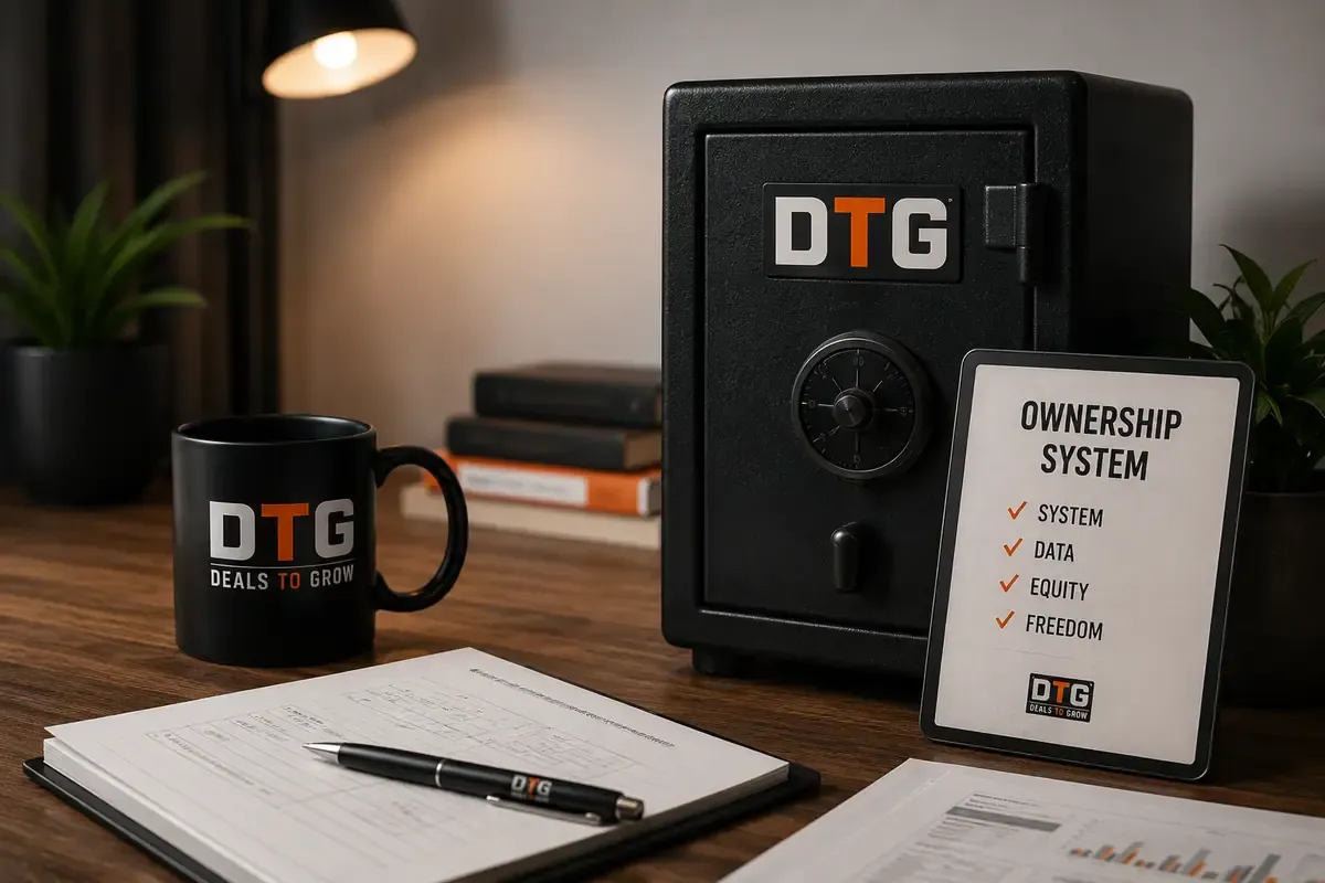A DTG vault on an operator's desk beside an Ownership System tablet listing system, data, equity, and freedom — all kept in your name