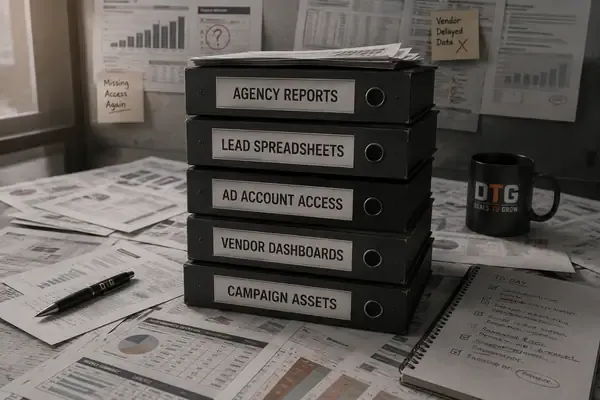 Stack of agency binders — reports, lead spreadsheets, ad account access — on a desk of scattered paperwork